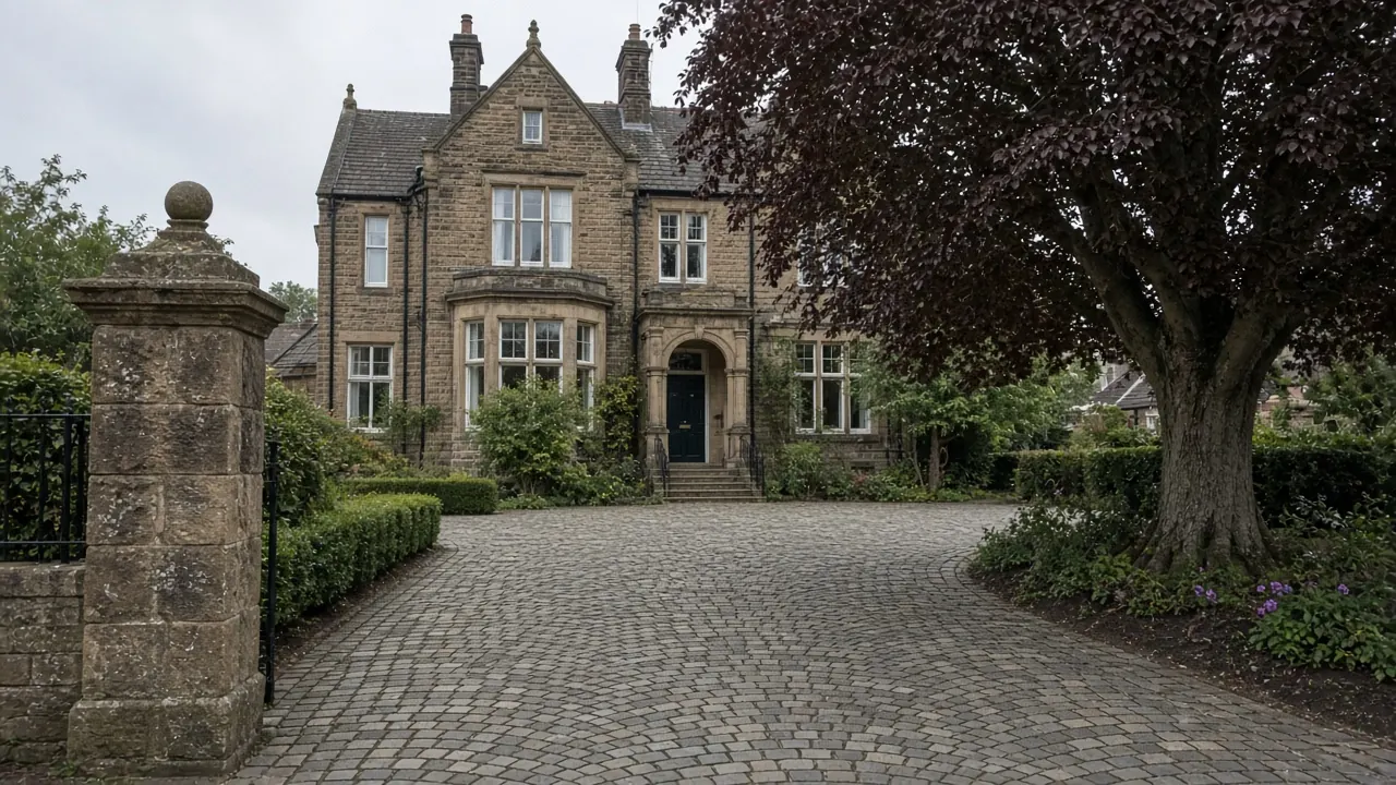Example image: natural stone setts laid in a fan pattern in front of an Edwardian house