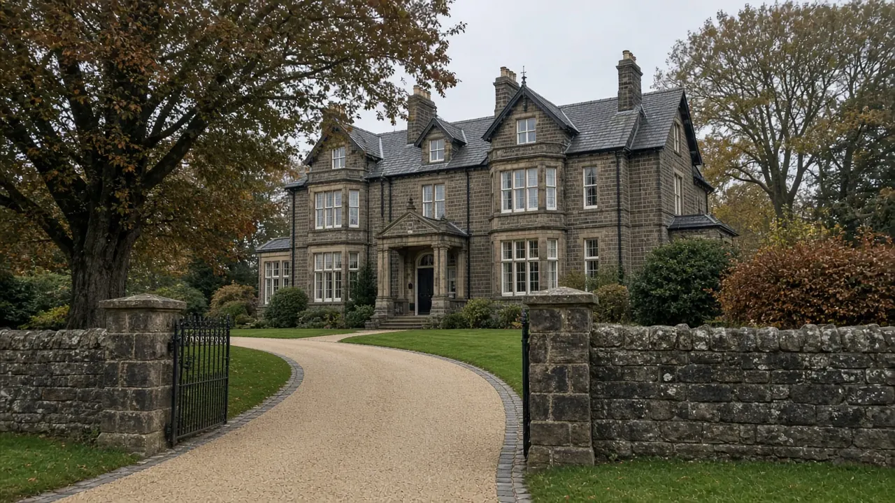 Example image: a honey resin-bound driveway with sett border at a stone Victorian villa