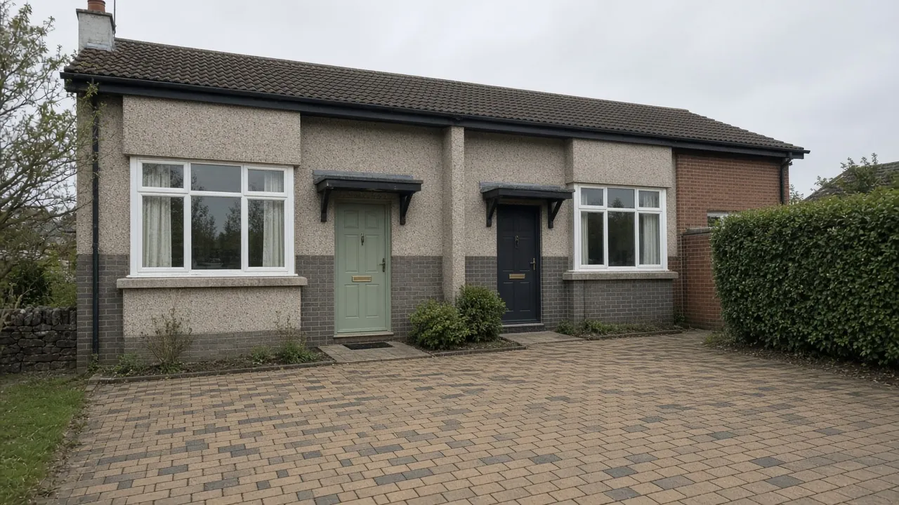 Example image: pebbledashed semi-detached bungalow in Bilton, Harrogate, with a buff block-paved drive