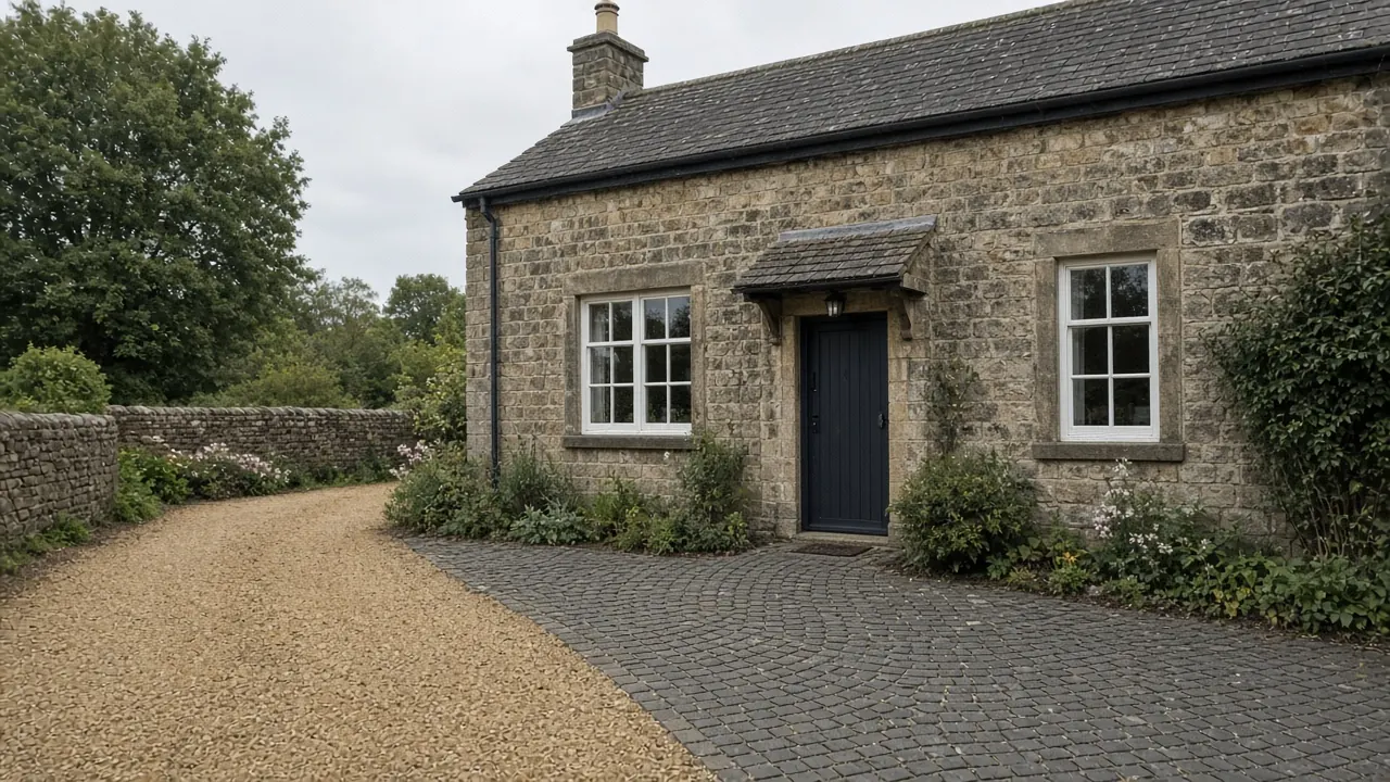 Example image: stone cottage in Pannal with a gravel drive and setts apron